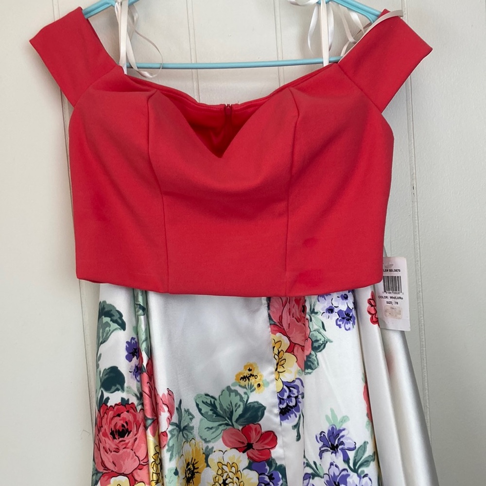 Juniors prom floor length full floral skirt and salmon pink off the shoulder top